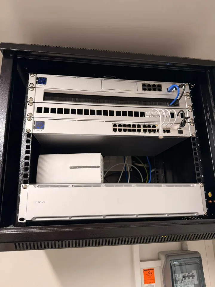 Rockingham mobile office after the upgrade, with the new rack, UniFi equipment and organised patch cabling